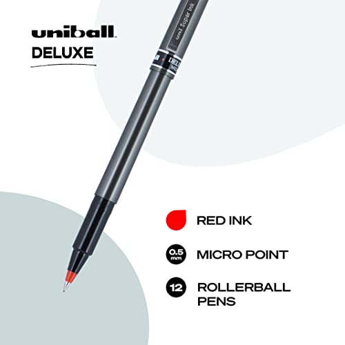 Uniball Deluxe, Red Rollerball Pens - 0.5mm Micro Point, Pack of 12