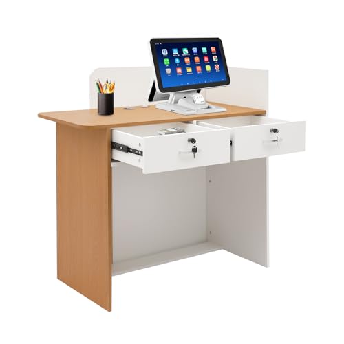 Reception Desk, 39.37 inch Modern Front Desk Reception Room Table Light Strip with USB Cable, 440lbs Large Counter Table for Checkout, Lobby, Beauty Salon, Home Office Desk White