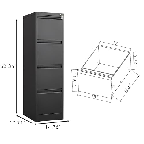 4 Drawer Vertical File Cabinet with Lock, Black Metal Filing Cabinet