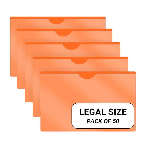 Doctor Stuff- 50 Pack, Vinyl Plastic Pocket File Folders Closed Sides, Legal Size, Clear Front Top Loading Job Jacket, Documents Holder for Office, High School and Medical Files, Orange