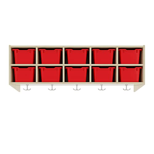 ECR4Kids Streamline 10-Section Hanging Coat Locker with Scoop Front Storage Bins, Natural, Cubby Storage, Red