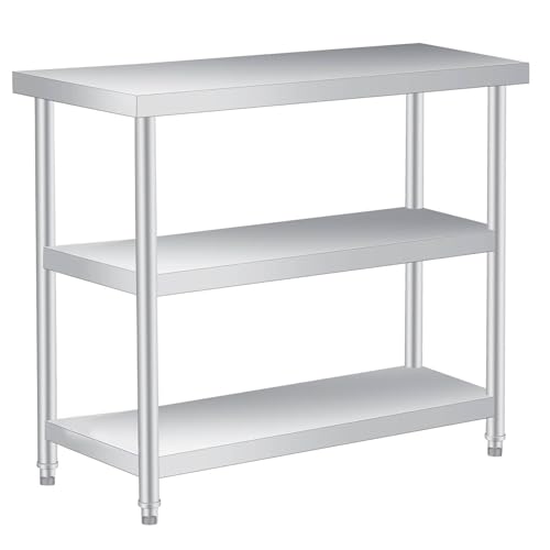 Takywep Heavy Duty 3-Tier Stainless Steel Patio Side Table – Outdoor Utility Work Table with Storage Shelf – Rust-Resistant, Easy to Clean – Ideal for Kitchen, Restaurant, Garage, Garden – No Wheels,