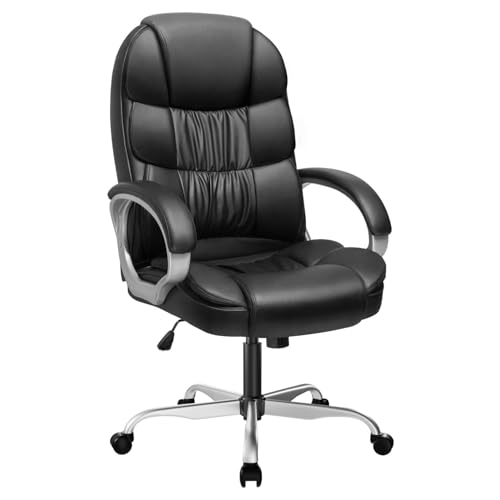 Furmax Leather High Back Office Chair Ergonomic Executive Office Chair Swivel Computer Desk Chair Lumbar Support Soft Cushioned Padded Arms (Ink Black)