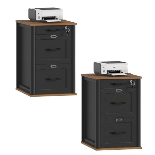 RALGEND 3 Drawer File Cabinet with Lock Set of 2, Wooden Farmhouse Filing Cabinet with Storage Fits Letter and A4 Size, Vertical Printer Stand for Home Office, Rustic Brown and Black