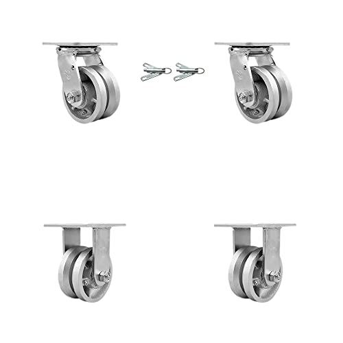 Heavy Duty Swivel Caster Set of 4 with 4 Inch V Groove Semi Steel Wheels and Ball Bearings - Includes 2 Swivel with Bolt on Swivel Locks and 2 Rigid - 3,200 lbs. Total Capacity - Service Caster Brand