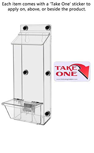 Marketing Holders 4 Pack Brochure Box with Lid Metal Mount Clear Acrylic Outdoor Caddy Holds 4" x 9" Trifold Advertisements and 3.5" x 2" Business Cards with Take One Sticker Hangs On Smooth Surfaces