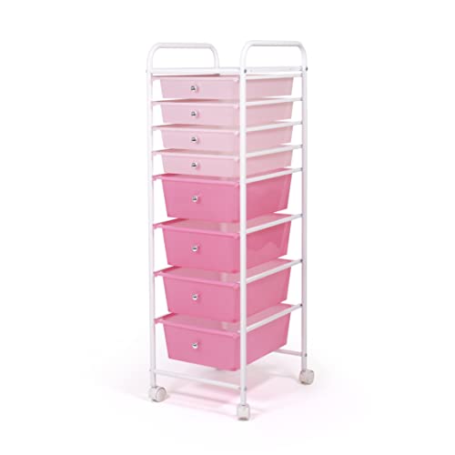 Humble Crew 8 Drawer Rolling Storage Cart with Wheels, Slim Plastic Organizer Trolley for Crafts, Office, School, Makeup & More, Metal Frame, Pink