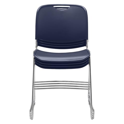 National Public Seating NPS 8500 Series HI-Tech Ultra-Compact Plastic Seat/Back Stack Chair, Navy Blue/Chrome, 4 Pack (8505/4)