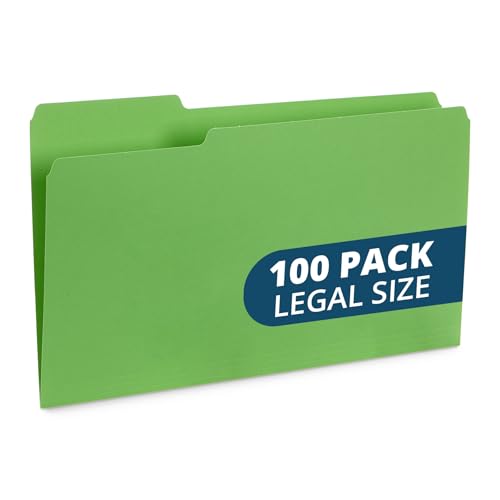 Blue Summit Supplies 100 File Folders, Legal Size, 1/3 Cut Tab, Green