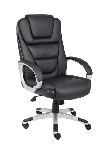 Pemberly Row Contemporary Executive Leather Arm Office Chair, LeatherPlus Upholstery, Ergonomic Lumbar Support, Adjustable Seat Height, Waterfall Seat Design, Gun Metal Finish, Swivel Base, Indoor