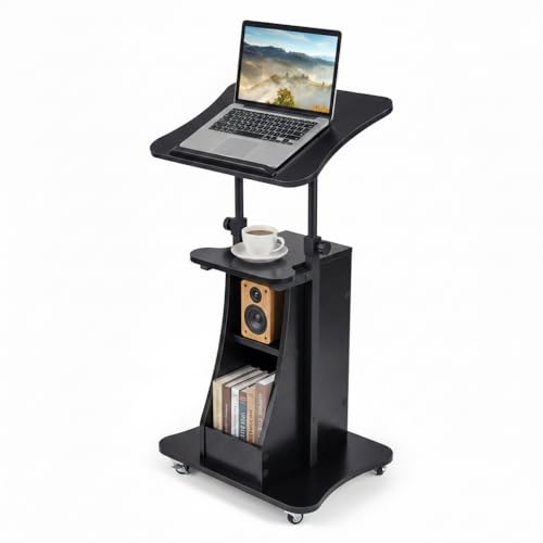 Tangkula Mobile Lectern Podium, Height Adjustable Podium Stand, Standing Sit-to-Stand Desk, Rolling Cart Laptop Desk with Swivel Top Movable Wheels & Storage