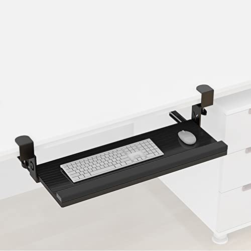 Under-Desk Keyboard Tray, Slide-Out Keyboard Drawer, Pull-Out Wooden Keyboard Platform, C-clamp Mounting System Keyboard Stand, Ergonomic Arm Support, 25x10inch, Black