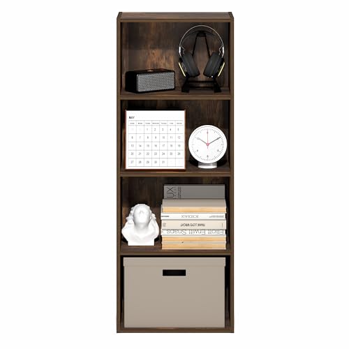 Furinno LUDER Book Shelf, 4-Tier Bookshelf, Bookcase with Open Shelf, 9.3 x 15.6 x 41.7, for Corner, Living Room, Bedroom, Home Office, Amber Pine