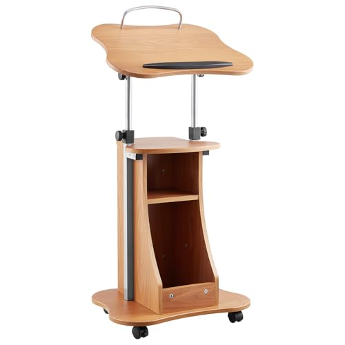 VEVOR Podium Stand, 43-Inch Wooden Lectern, Portable Laptop Desk with Lockable Wheels, Wide Reading Surface and Open Storage Area, Adjustable Height and Angle, for Speeches, Lectures, or Presentations