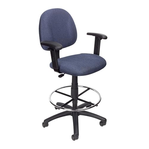 Benzara Jea Drafting Stool Chair, Adjustable Arms, Blue Tweed, Round Footring
