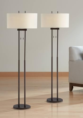Franklin Iron Works Roscoe 62" Tall Bronze Pole Modern Floor Lamps Set of 2