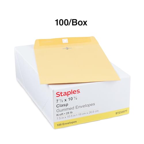 Staples 7.5x10.5 Kraft Clasp Envelopes, Brown, Metal Clasp, 100/Bx