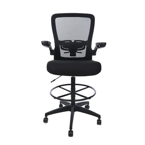 Benzara DEA Drafting Stool Chair, Flip-Up Arms, Black Mesh, Chrome Footring