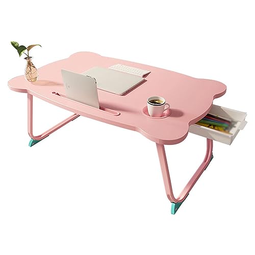 ZIHAOFC Laptop Bed Desk, Portable Foldable Laptop Bed Table with Storage Drawer and Cup Holder, Foldable Lap Trays for Eating, Writing, Reading and Working, Pink
