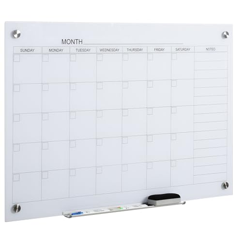 35x23 Professional Grade Tempered Glass Dry Erase Whiteboard Calendar FFor rameless Design Includes Two Tone Markers and Soft Eraser