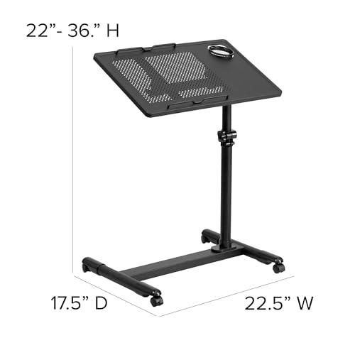 Scranton & Co Adjustable Mobile Laptop Cart, Black Finish, Mesh and Steel, 36.5 in H x 22.5 in W x 17.5 in D, Vented Surface, Tilting and Swiveling Top, Height Adjustable Frame, Rolling Desk for Home