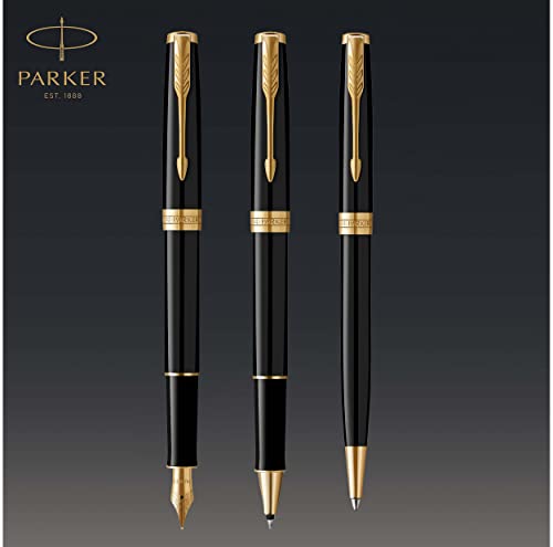 PARKER Sonnet Rollerball Pen, Black Lacquer with Gold Trim, Fine Point Black Ink