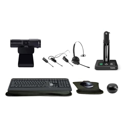 Yealink WH63 Mono Bluetooth Noise Canceling Mic Headset Bundle with Cam 313 2MP Webcam, MK540 Wireless Keyboard and Mouse, Gel Wrist & Mouse Pad, Mini Speaker