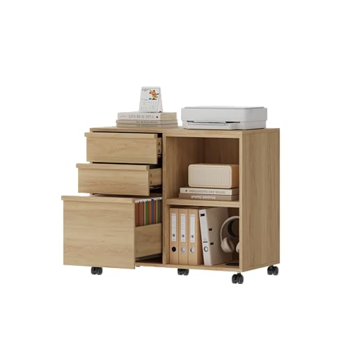 Garvee 3 Drawer File Cabinet with Open Storage Shelves, Rolling Lateral Filing Cabinet for Letter/A4 Files, Mobile Printer Stand with Wheels, Wood Office Storage Cabinet for Home Office, White
