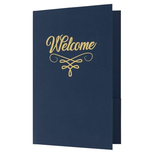 LUXPaper 6" x 9" Small Welcome Folders | Two Pocket | Dark Blue Linen | Gold Foil Flourish | 100lb. Cover | 100 Qty