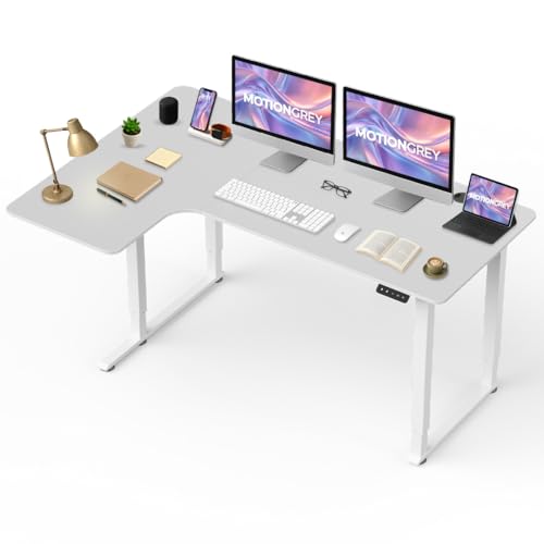 MotionGrey - Electric Motor Height Adjustable Standing Desk, L Shaped Standing Desk, L Shape Corner Desk, Adjustable Computer Sit Stand Desk Stand - L Shape Desk with 63 Inch Table Top (White)
