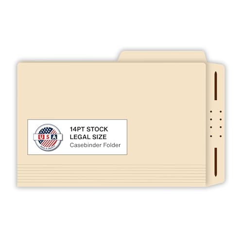 Manila Casebinder Legal File Folders, Doctor Stuff, Top Tab, Legal Size with Fully Reinforced Back, 2” Embedded Fastener on Endwing, and 1/2 Cut Assorted Top Tabs, 14 pt Stock, Box of 50