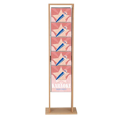 M&T Displays Natural Wood Magazine Brochure Rack Double Sided Floor Standing Wooden Leaflet Literature Catalog Holder Stand with Durable 10 Clear PET G Pocket One Side 5x(8.5x11) Inch for Indoor