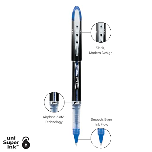 Uni-Ball Vision Elite Rollerball Pens, Micro Point, 0.5mm, Black & Blue Ink, 12 Pack (6 Black, 6 Blue), Fraud & Water Resistant uni Super Ink, Airplane-Safe