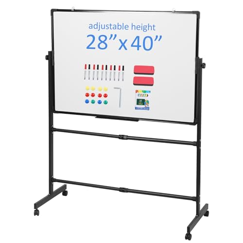 40x28 Inch Rolling Whiteboard,Adjustable Height Standing Easel Whiteboard/Chalkboard on Wheels,Large Magnetic Mobile Easel Board,Double-Sided with Stand for Office,Home Black 70x100 cm