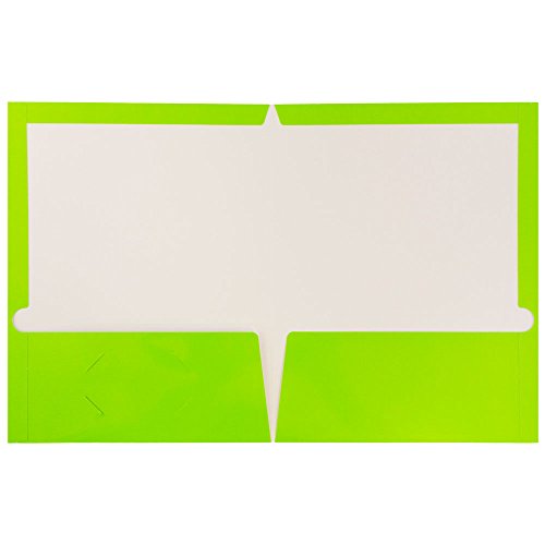JAM PAPER Laminated Two Pocket Glossy School Folders - Letter Size - High Gloss Lime Green - Bulk 100/Box