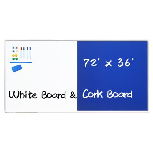 DEVELOP Large Magnetic Dry Erase Board & Blue Felt Bulletin Board Combo, 72 x 36 Inch / 6' X 3' Hanging Whiteboard & Blue Felt Bulletin Combination Board with Marker Tray