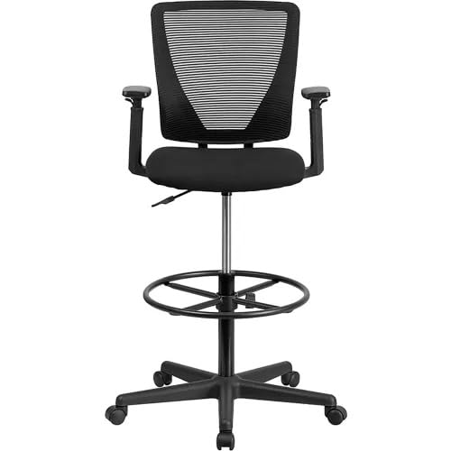 Ergonomic Mesh Drafting Stool with Adjustable Arms, Lumbar Support & Height-Control Foot Ring – Swivel Mid-Back Drafting Chair for Office or Studio, Black