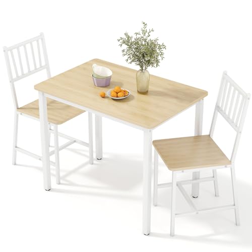 Rovibek 3 Piece Dining Table Set for 2 with Steel Frame & Adjustable Feet, Small Kitchen Table with 3 Chairs, Modern Breakfast Nook Dinette for Small Space, Industrial Farmhouse White
