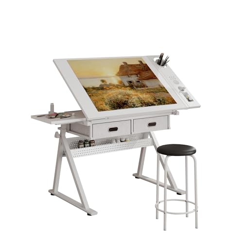 YJSPSSW Adjustable Drawing Drafting Table Desk with 2 Drawers & Matching Stool – All-White Ergonomic Art Desk for Home Office, Studio, and School (0°–75° Tilt, 68–91 cm Height, 150 kg Stool Capacity)