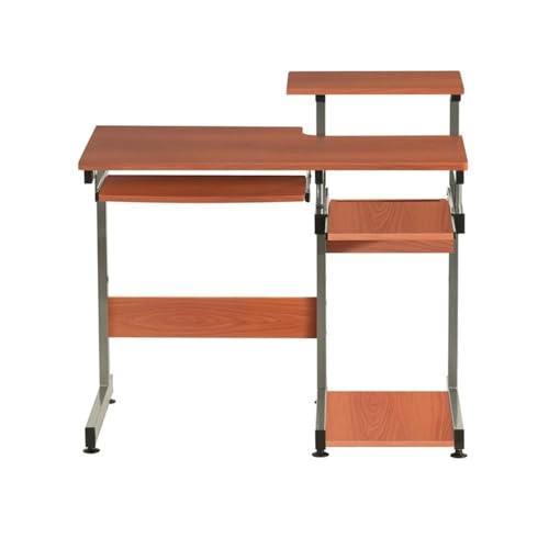 Pemberly Row Contemporary Wood/Steel Computer Desk, 38" W x 22" D x 30" H, Mahogany Finish, MDF and Steel Construction, Pull-Out Keyboard Tray, Printer and Scanner Shelves, Home Office Desk