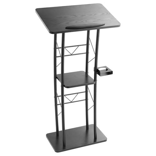 VEVOR Podium Stand, 47-Inch Metal Lectern, Curved Standing Podium with Wide Reading Surface, Open Storage Compartment, Book Stopper, Cup Holder, for Classroom, Wedding, Conference, Speech, and Concert