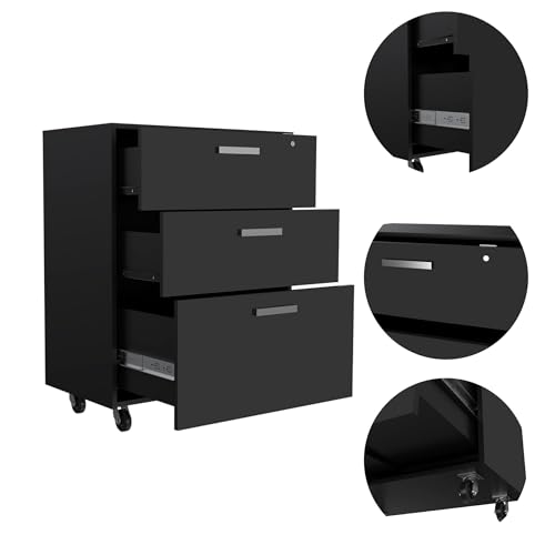 LOONGYOON 3 Drawer Wood Vertical Storage Cabinet with 4 Casters Lock for Office Home School Versatile Organization Storage Cabinets Lockable Mobile File Cabinet Assembly Required Black Finish