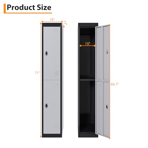 EliteEdge 72" Tall 2 Door Metal Locker with Key, Heavy Duty Steel Storage Cabinet with Shelves, Lockable Employee Locker for School, Office, Gym, Home, Garage, Grey & Black