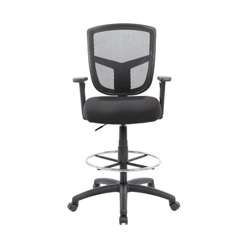 Benzara MEA Drafting Stool Chair, Adjustable Arms, Black Mesh, Chrome Footring
