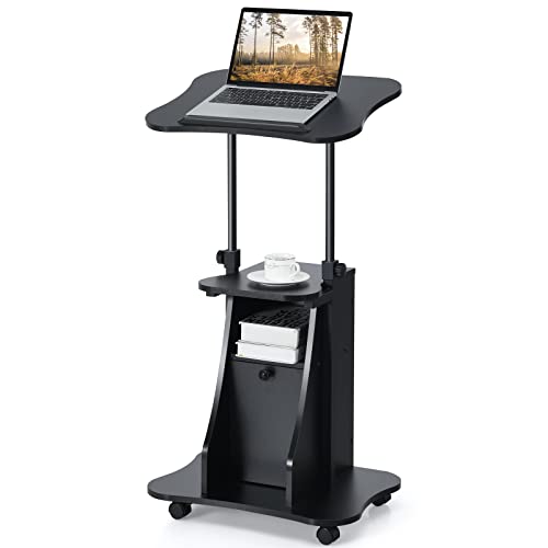 COSTWAY Mobile Lectern Podium Stand, Rolling Laptop Cart w/ 180° Tilting Tabletop, Storage Compartments & Lockable Casters, Sit-to-Stand Computer Workstation for Home, Office, School (Black, Set of 1)