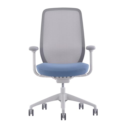 WorkPro Ergonomic Mesh/Fabric High-Back Office Chair, Light Blue Seat, White