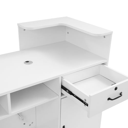 LuYuLTONG Reception Desk with LED Lights, Front Counter Desk with Lockable Drawer, L Shaped Retail Counter with Open Shelving, Checkout Computer Workstation for Salon Lobby Home Office(White)