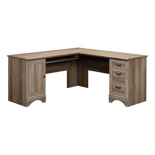Scranton & Co L-Shaped Computer Desk, Engineered Wood, Salt Oak Finish, 30.2" H x 65.2" W x 65.2" D, Slide-Out Keyboard Shelf, Storage Drawers, Adjustable Shelf, Corner Home Office Workspace Desk