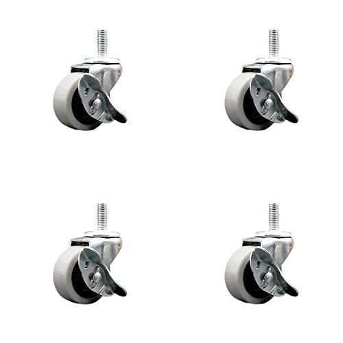 2 Inch Swivel Polyurethane Caster Wheels and 3/8 Inch - 16 TPI x 1 Inch Threaded Stem Caster and Brake - 360 lbs. Total Capacity - Set of 4 - Service Caster Brand
