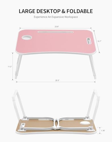 ZEAPTAC Laptop Bed Desk, Foldable Lap Desk, Portable Lap Table, Laptop Stand with Cup Holder, Tablet Slot & Lifting Handle for Work, Write, Draw & Eat on Bed, Sofa or Couch - Pink